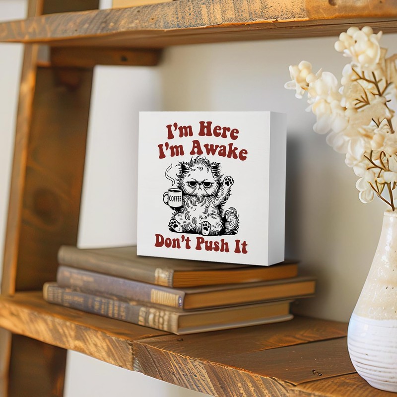 Funny Office Desk Decor, Cat Coffee Wooden Sign, Cute Office