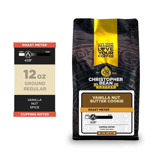Christopher Bean Coffee - Vanilla Nut Butter Cookie Flavored Coffee, (Regular Ground) 100% Arabica, No Sugar, No Fats, Made with Non-GMO Flavorings, 12-Ounce Bag of Regular Ground coffee