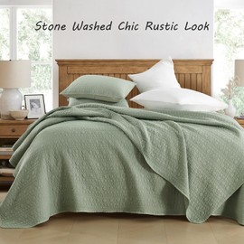 HORIMOTE HOME Quilt Set Queen Size Sage Green, Classic Geometric Spots Stitched Pattern, Stone-Washed Microfiber Chic Rustic Look, Ultra Soft Lightweight Quilted Bedspread for All Season, 3 Pieces