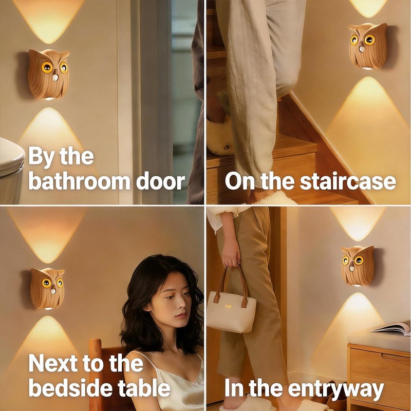 GDQ Wireless Motion Sensor Night Light, Cute Owl Wood Grain