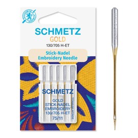 SCHMETZ Domestic Sewing Machine Needles |5 Gold Embroidery Needles |130/705 H-ET | Needle Size: 75/11 | for All Conventional Household Sewing Machines and Household Embroidery Machines