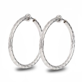 Clip On Hoop Earrings For Women No Piercing Earrrings Spring Hoops for Non-Pierced Ears Silver Tone 4CM/1.57"