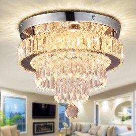 Cainjiazh Crystal Chandeliers 11.8" Modern Crystal Light Fixtures LED Flush Mount Chandelier Ceiling Light Chandeliers for Bedrooms Living Room Dining Room Chrome (Warm White)