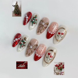 Christmas Press on Nails Medium Almond MABKJLF Fake Nails French Tip False Nails with Snowflake Tree Gold Bow Tulip Pearls Designs Full Cover Glossy Glue on Nail Acrylic Nails for Women Girls 30Pcs