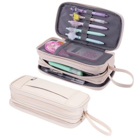 NOL Natural Organic Lifestyle Large Capacity Pencil Case Zipper Pencil Purse 3 Compartment Pencil Pouch Office Stationery Organizer Multi-functional Pencil Bag for School Girl Boy Adults - Cream