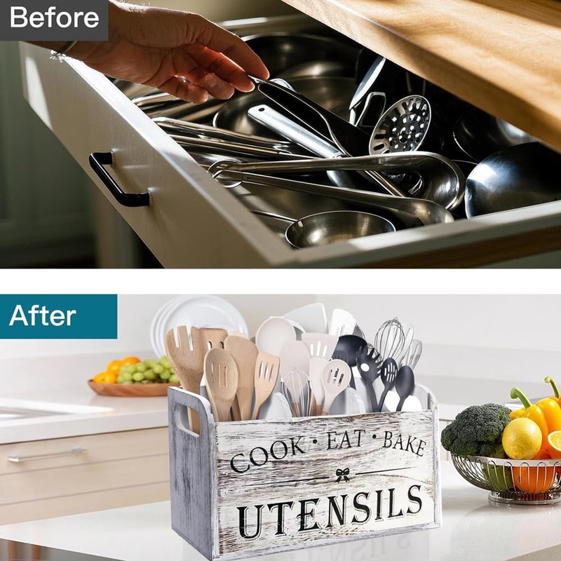 Kitchen Utensil Holder with 3 Compartments, Wooden Storage Utensil Organizer