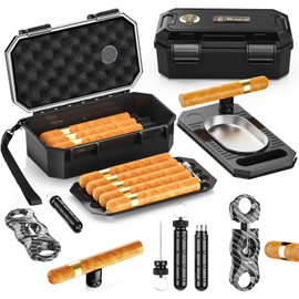 Travel Cigar Humidor Box Kit with V Cigar Cutter, Cigar Ashtray, Cigar Draw Enhancer&Punch 2-in-1 Tool, 2 Cigar Holders, Humidifier & Hygrometer, Portable Cigar Case with Accessories Set for Men Gift