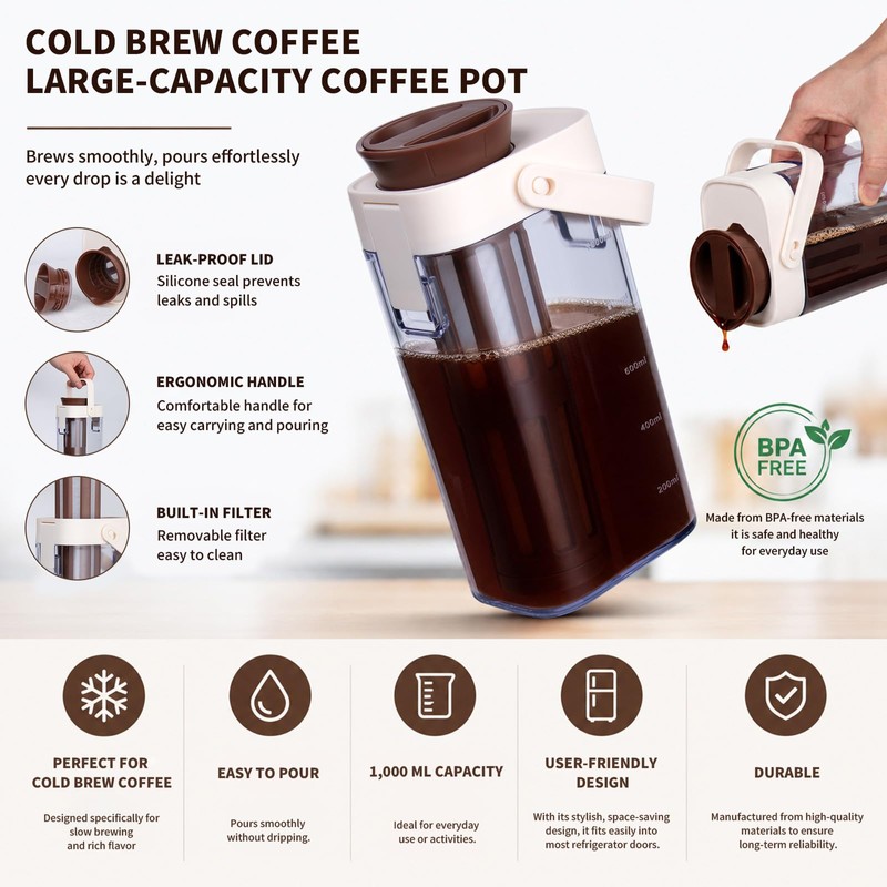 HOUSEASSIST Cold Brew Coffee Maker with 350-Mesh Fine Filter, 34oz