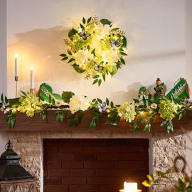 Valery Madelyn 6FT Spring Hydrangeas Garland with Lights for Mantle, Green White St Patrick's Day Floral Daisy Garland with Eucalyptus Leaves Butterfly for Home Table Centrepiece Stairs Decorations