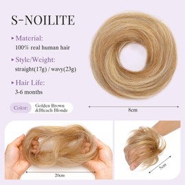 S-noilite Human Hair Messy Bun Hair Piece, Hair Buns for Women,100% Real Hair Bun Wig,Invisible hair buns hair piece,12P613 Golden Brown&Bleach Blonde