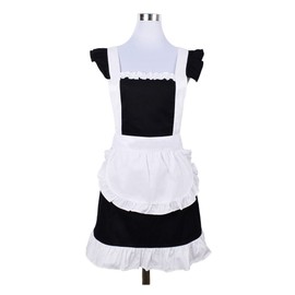 Love Potato Cute Sweet Retro Frilly Aprons for Girl Women's Kitchen Cooking Cleaning Maid Costume with Pocket (Black and White)