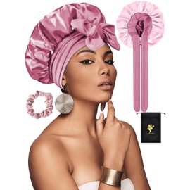 SUTIYO Satin Bonnet for Sleeping, Double Layer Silk Bonnet for Curly & Long Hair, Adjustable Hair Bonnet for Women Girls, Bonnets with Hair Band & Storage Bag(Pink/Light Pink)