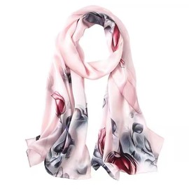 MEISEE 100% Mulberry Silk Long Scarf for Women Large Oblong Sunscreen Shawls Wraps Neck Headscarf Hair Wraps with Gift Packed (Pink gray flowers)