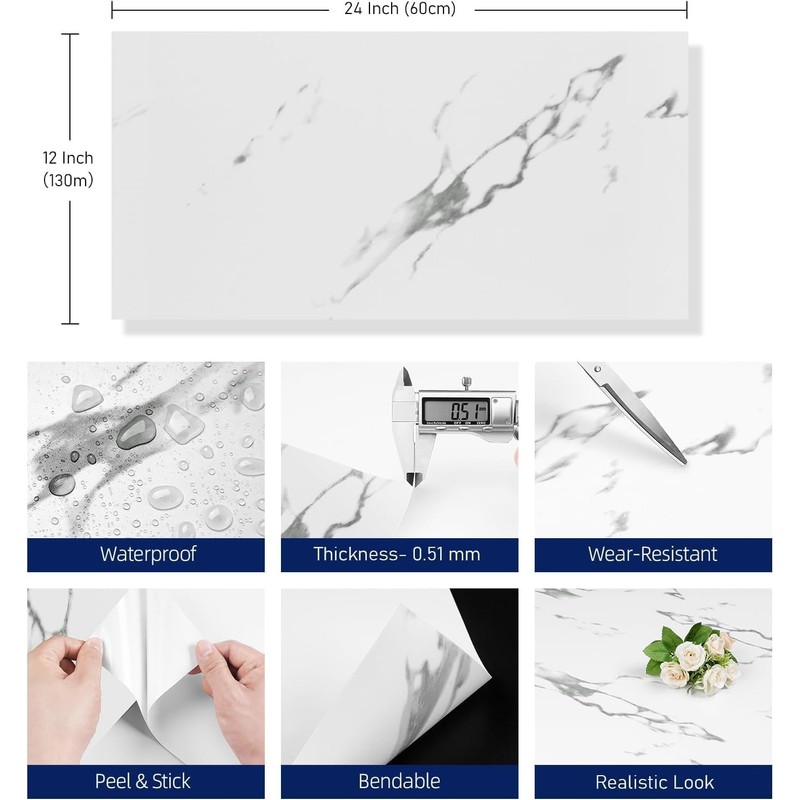 FunStick 30x60cm Carrara Marble Peel and Stick Floor Tile White