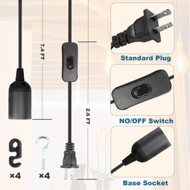 Jimosoon Hanging Light Bulb Socket with Cord - 10Ft Plug in Light Socket E26/E27 Extension Lantern Cable with On/Off Switch, UL Pendant lamp Cord, Black, 2 Pack