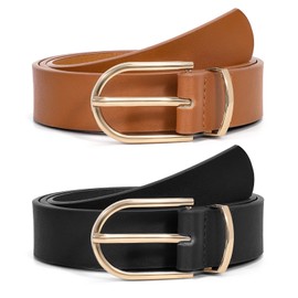 WHIPPY 2 Pack Women's Leather Belts for Jeans Fashion Gold Buckle Ladies Waist Dress Belt, Black+Brown, XL:Fit Waist Size 43-46 inches
