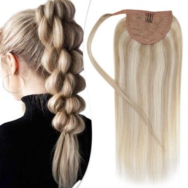 Hetto Ponytail Human Hair Extensions #18/613 Ash Blonde Mixed with Bleach Blonde Ponytail Extensions Human Hair 12 Inch 70g Ponytail Hair Extensions