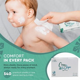 COZY WIPE Baby Wipes, 99.9% Water Based Wipes, Unscented & Hypoallergenic for Sensitive Skin, Fragrance Free, Refreshing, 60 Count (Pack of 9) Total 540 wipes