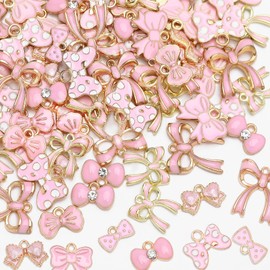 MARFOREVER 120 Pcs Bow Charms, Bowknot Charms for Jewelry Making Pink Bow Knot Alloy Enamel Kawaii Bow Tie Charm Pendants for DIY Bracelet Necklace Earrings Crafts Christmas Valentines Day Gifts