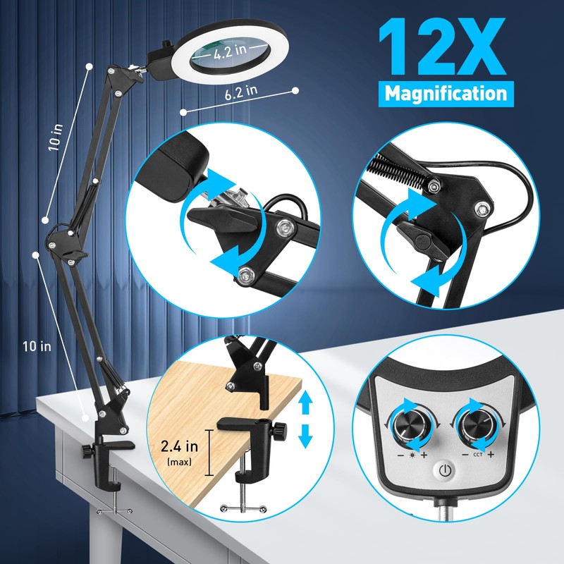 KIRKAS 12X Magnifying Glass with Light and Stand, Any Color