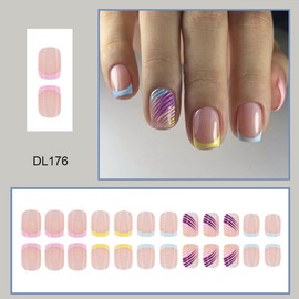 24Pcs Square Press on Nails Short Fake Nails Reusable French Tip False Nails Colorful Stripes Acrylic Nails Press on Nude Glossy Stick on Nails Full Cover Pink for Women DIY Manicure Decorations