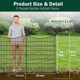 5 Panels No Dig Dog Fence Outdoor for Yard, 40 in(H) X 12 ft(L) Decorative Tall Garden Fence Animal Barrier, Rustproof Metal Wire Garden Edging and Borders, Temporary Fencing Stakes