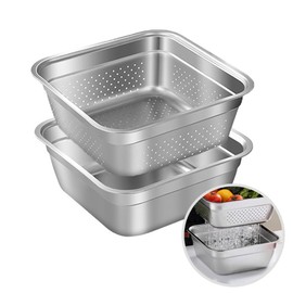2 in 1 Stainless Steel Colander For Kitchen,Multi-Function Vegetables Fruit Washing Drain Basket Metal Colander,Rice Mesh Strainer Food Mixing Bowl Kitchen Supplies (M)