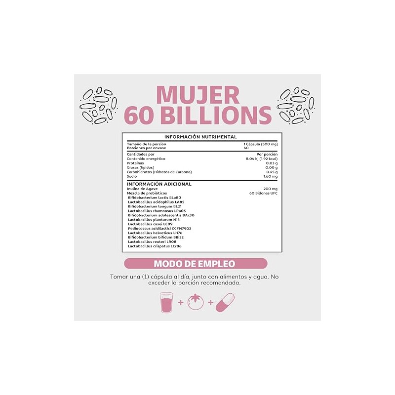 Probióticos Mujer 60 Billion + Prebióticos + Inulina de Agave|