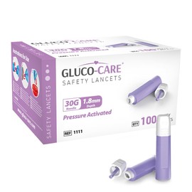 GLUCO-CARE Safety Lancets, Contact-Activated, 30G x 1.8 mm, Pre-Loaded, Sterile, Box of 100