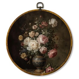 shiviody Vintage Moody Floral Canvas Wall Art Decor, Dark Academia Cottagecore Antique Botanical Floral Round Hanging Frame Prints Decorations for Home Bedroom Living Room 10"x10"
