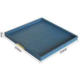 HofferRuffer Extra Large Square Serving Tray, Elegant Faux Leather Ottoman Tray with Gold Hardware Handles, Serve Tea, Coffee or Breakfast in Bed, 24 x 24 inches (Navy Blue Shagreen)