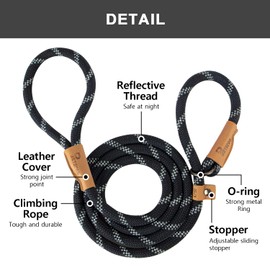 Petarea Petarea 5 FT Slip Lead Dog Leash, Heavy Duty Rope Leash for Small Medium Large Dogs, No Pull Training Lead with Reflective Thread, Strong Comfortable Loop Leash (Black Stripe, Medium(3/8"))
