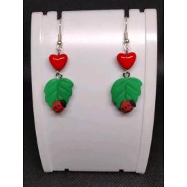 Ladybug on Leaf Dangle Earrings