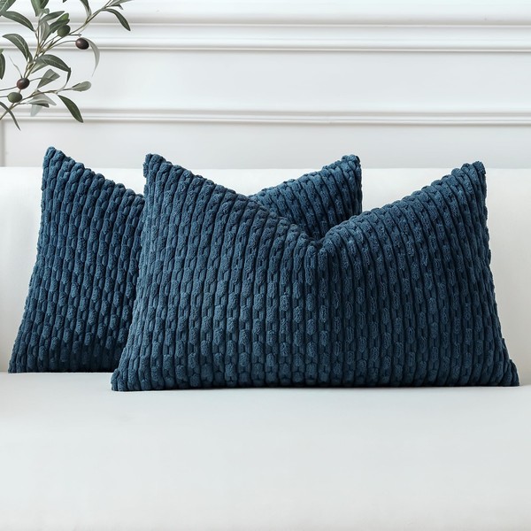 Sungeek Set of 2 Blue Soft Corduroy Decorative Cushion Covers