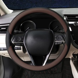 Mihecor Steering Wheel Cover Universal Standard Size 14.5-15 inch, Breathable Microfiber Leather, Anti-Slip, Soft Grip, Fits Most Cars SUVs Trucks, Black and Chocolate Brown