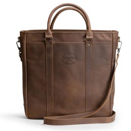 Littlefield & Co., Vintage Tote Bag with Detachable Adjustable Shoulder Strap, Shoulder Bag, Full Grain Leather and Water Resistant Canvas, Handmade, Bourbon Brown