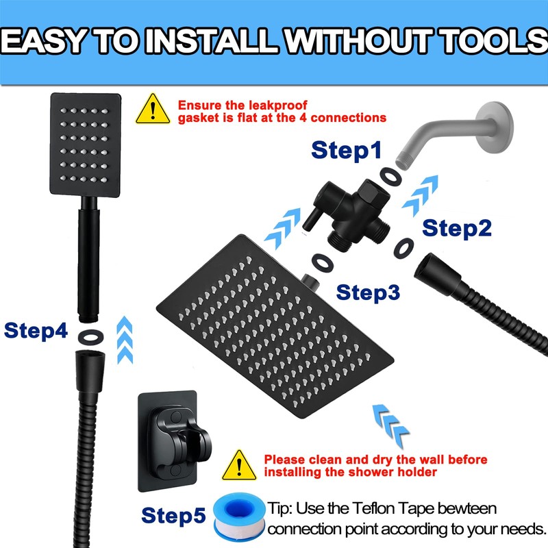 Black Shower Head and Handle Set All Metal, 8'' High