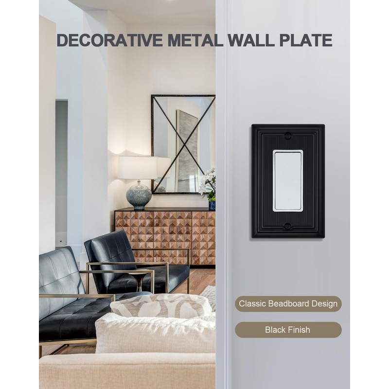 ZILLSEA 4-Pack Black Wall Outlet Covers, Classic Beadboard Switch Plate