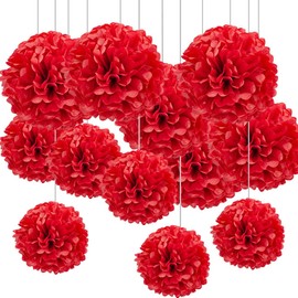 CC wonderland zone Pack of 12 Red Tissue Paper Pompoms, Paper Pom Poms Silk Pompoms for Party Decoration