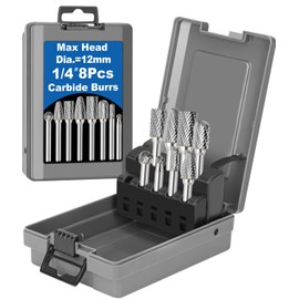 Sworker 8Pcs Carbide Burr Set 1/4 Shank w/Grey Box Max Head Dia 12mm Die Grinder Bits Rotary Tools Attachment Kit Rasp Accessories Metal Wood Stone Steel Grinding Deburring Cutting Porting Carving