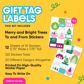 Big Dot of Happiness Merry and Bright Trees - Assorted Colorful Whimsical Christmas Party Gift Tag Labels - to and from Stickers - 12 Sheets - 120 Stickers