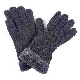 Lina & Lily Ladies Knitted Warm Winter Gloves Fur Lined (Dark Grey)