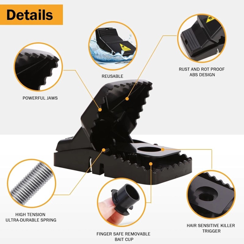 Black Instant Kill Rat Traps - 6 Pack, Quick Setup,