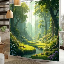 Xiaoterna Blooming Plant Shower Curtain Green Spring Nature Forest Bath Curtain Green High Trees Blooming Flowers River Stream Nature Shower Curtain Waterproof Fabric Bathroom Decoration 200 x 180 cm