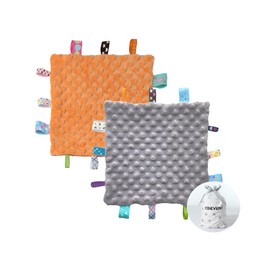 CREVENT Tag Security Blankets for Babies, Soft Small Loveys for Girls, Baby Comforter Sensory Blanket, Great Gifts for Birthday Baby Shower 10"X10" (Grey + Orange)