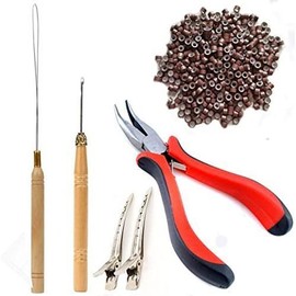 Hair Extensions Tools Kit 500 count  Ring Beads 1 Hair Extension Plier 1 Hook  1 Pulling Loop for Fairy Hair Tinsel Strands Professional Hair Styling Tools Accessory(Brown) - Color: Brown