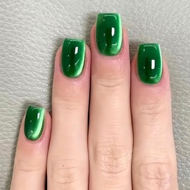 Green Press on Nails Medium Square Fake Nails with Glitter Cat Eye Designs Reusable Glue on Nails Full Cover Acrylic Nails Glossy False Nails Artificial Stick on Nails for Women 24Pcs