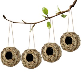 winemana 4 Pack Hanging Bird Nest House for Outside, Ball Shape, Hand Woven, Durable Sturdy, Made of Natural Grass, Perfect for Garden Patio Lawn Office Indoor