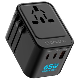 decqle Travel Adapter Worldwide, Universal Travel Plug with 2 USB-C (GaN 65W), 1 USB-A and 1 AC Socket, International Socket Adapter, Universal Adapter for EU, UK, US, AU (Black)