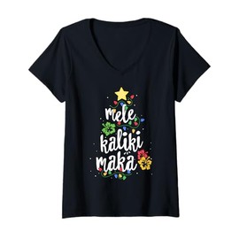 Women's Mele Kalikimaka Shirt For Women Hawaiian Hawaii Christmas T-Shirt with V-Neck